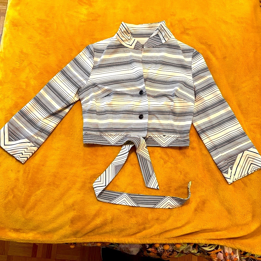 Striped Button-Up Crop Top with Tie